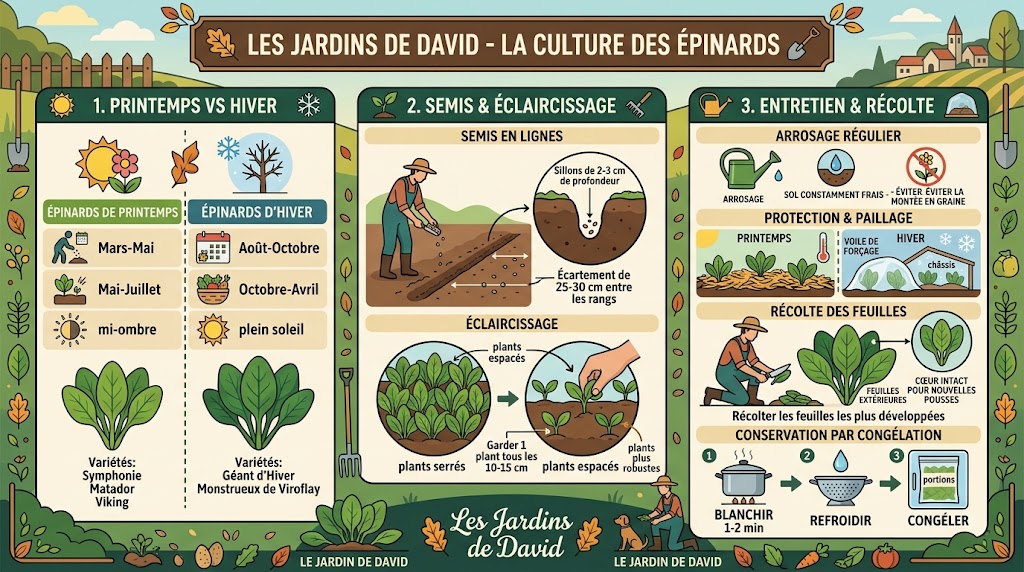 Culture des épinards au potager au printemps et en hiver
