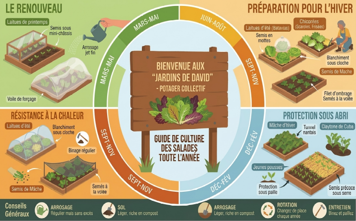 Collection de différentes salades cultivées au potager