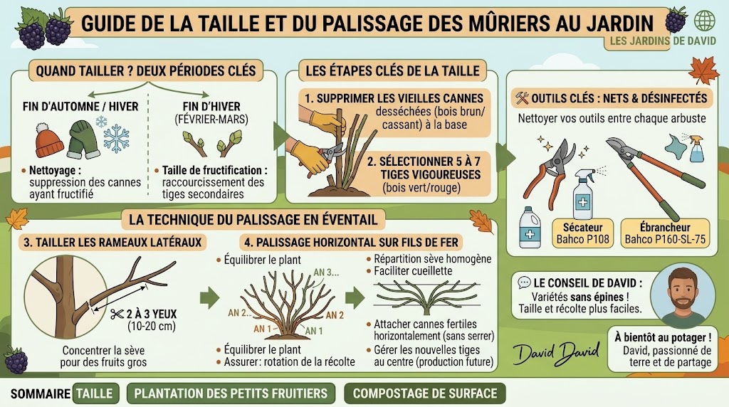 Infographie récapitulative du guide de la taille des mûriers : période idéale, nettoyage, palissage à l'horizontal pour une bonne production